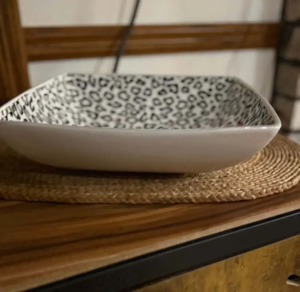 Italian Ceramics Company Serving Bowl Dish Black White Leopard Print Red Rose
